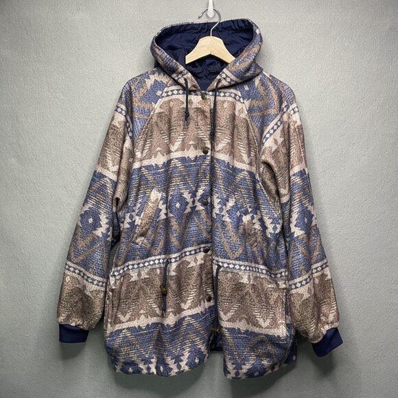 Casual Club Vintage 80s Reversible‎ Fleece Southwest Nylon Windbreaker Jacket L - Picture 1 of 10